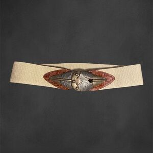 80s Vintage Omega Belt Brass Arrowhead Buckle Tan Stretch USA Size 27-37”